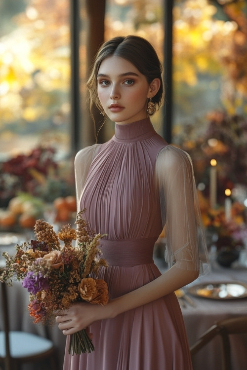 a woman wears a high neck light purple wedding guest dress with sheer sleeves