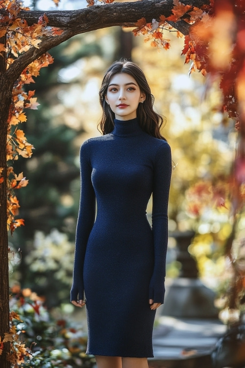 a woman wears a high neck navy wedding guest dress with long sleeves