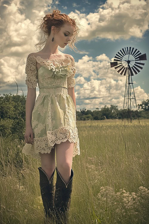 a woman wears a lace dress and black cowboy boots