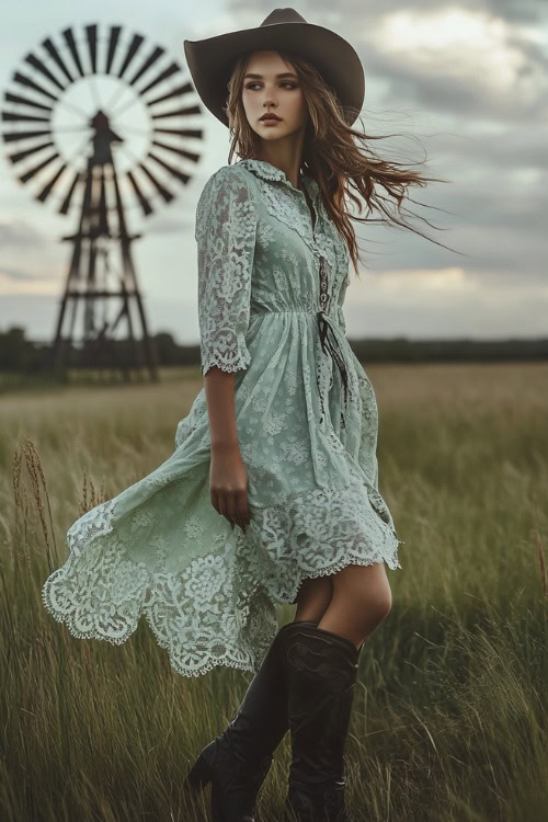 a woman wears a ligh green dress and brown cowboy boots