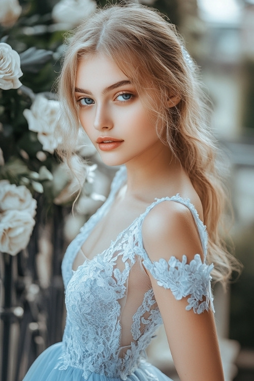 a woman wears a light blue lace wedding guest dress with a V neckline