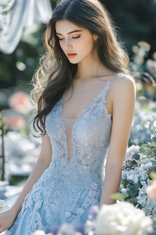 a woman wears a light blue lace wedding guest dress with a fitted bodice