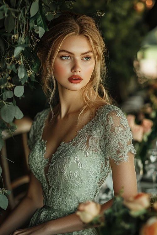 a woman wears a light green lace wedding guest dress with a V neckline