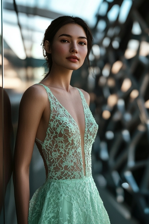 a woman wears a light green lace wedding guest dress with a plunging neckline