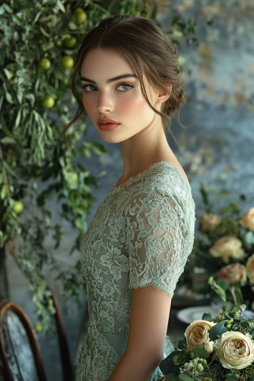 a woman wears a light green lace wedding guest dress with short sleeves (2)