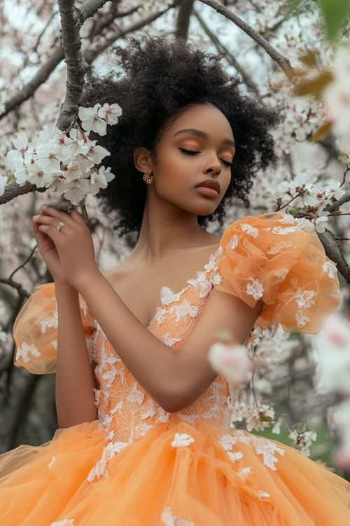 a woman wears a light orange wedding guest dress with puff sleeves