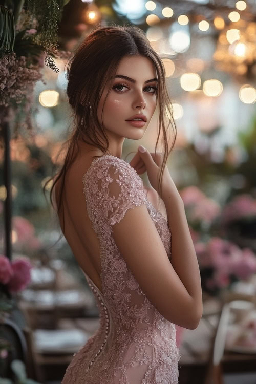 a woman wears a light pink lace wedding guest dress with an open back