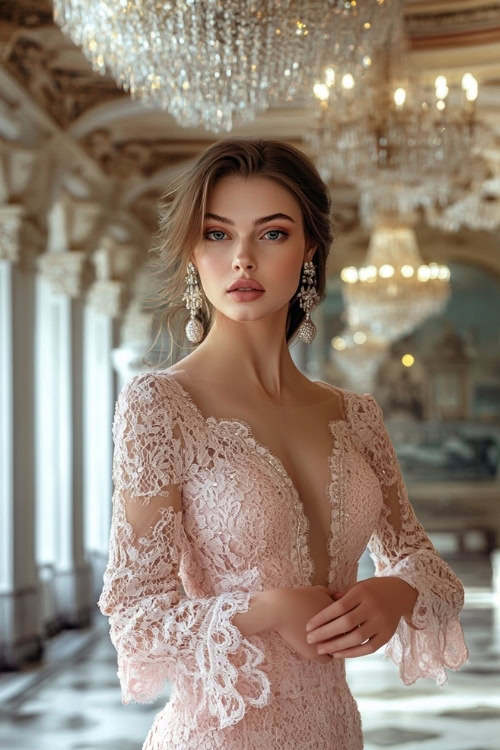 a woman wears a light pink lace wedding guest dress with long sleeves and a deep V neckline