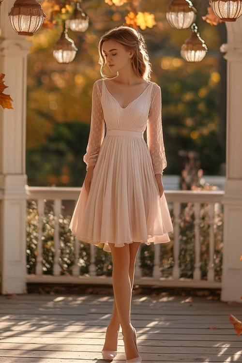 a woman wears a light pink wedding guest dress with matching heels