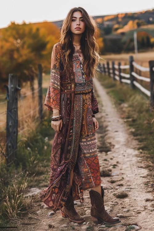 a woman wears a long boho dress and brown cowboy boots