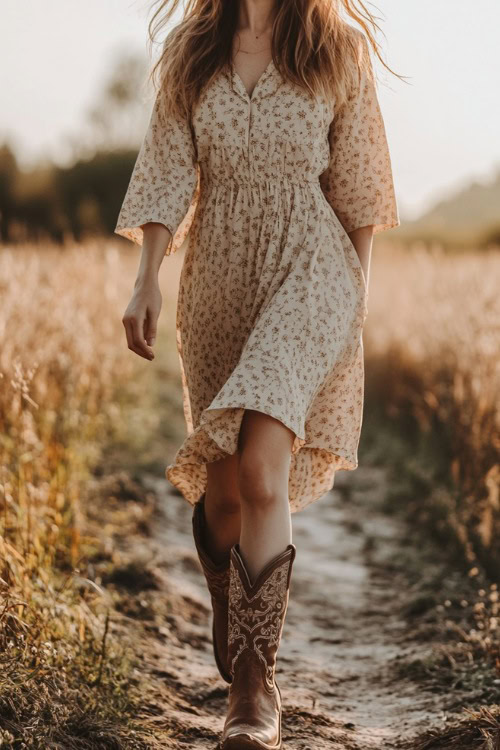 a woman wears a long floral dress and cowboy boots