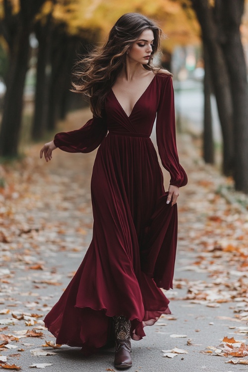 a woman wears a long sleeve burgundy wedding guest dress with brown boots