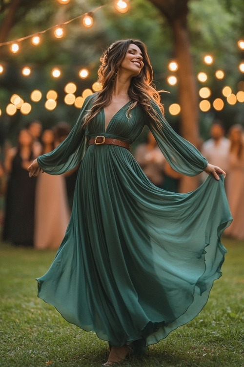 a woman wears a long sleeve green burgundy wedding guest dress with a brown belt