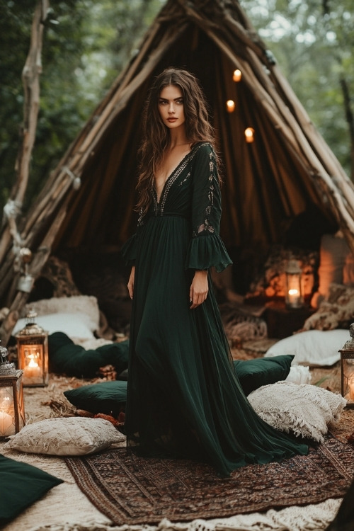 a woman wears a long sleeve green wedding guest dress with V neckline