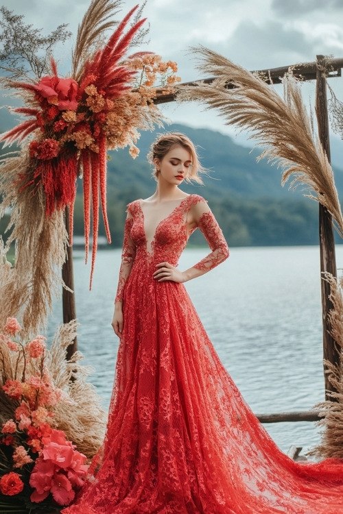 a woman wears a long-sleeve red lace wedding guest dress with a plunging neckline