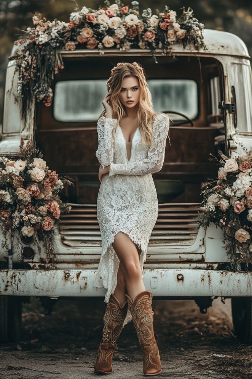 a woman wears a long-sleeve white wedding dress with high low hem and brown cowboy boots