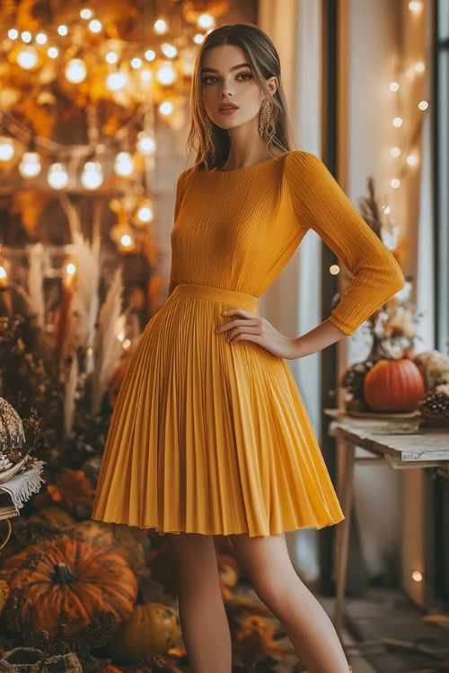 a woman wears a long-sleeve yellow wedding guest dress with a pleated skirt