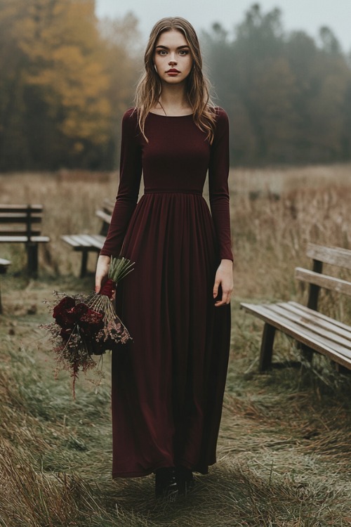 a woman wears a maroon wedding guest dress with black boots