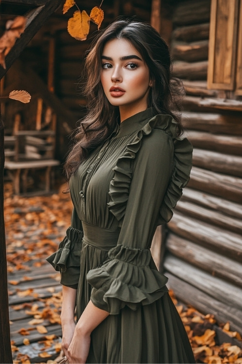 a woman wears a modest green wedding guest dress with long sleeves