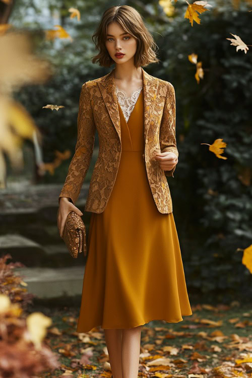 a woman wears a mustard midi wedding guest dress with a matching jacket