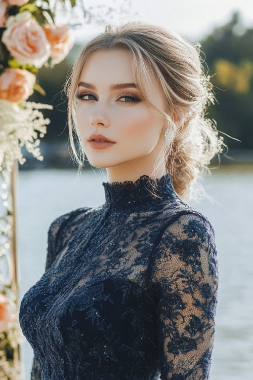 a woman wears a navy blue lace wedding guest dress with a high neckline