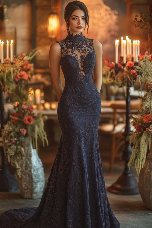 a woman wears a navy blue lace wedding guest dress with a tall neckline