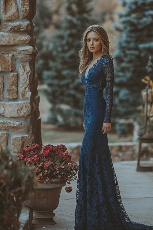 a woman wears a navy blue lace wedding guest dress with long sleeves (2)