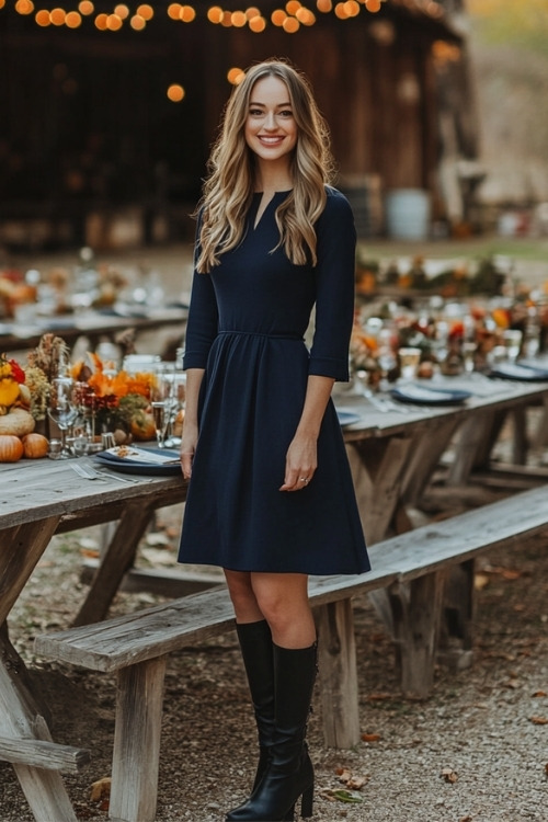 a woman wears a navy blue wedding guest dress with black boots