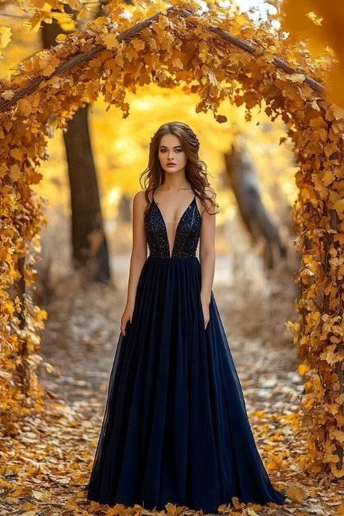 a woman wears a navy blue wedding guest dress with thin straps