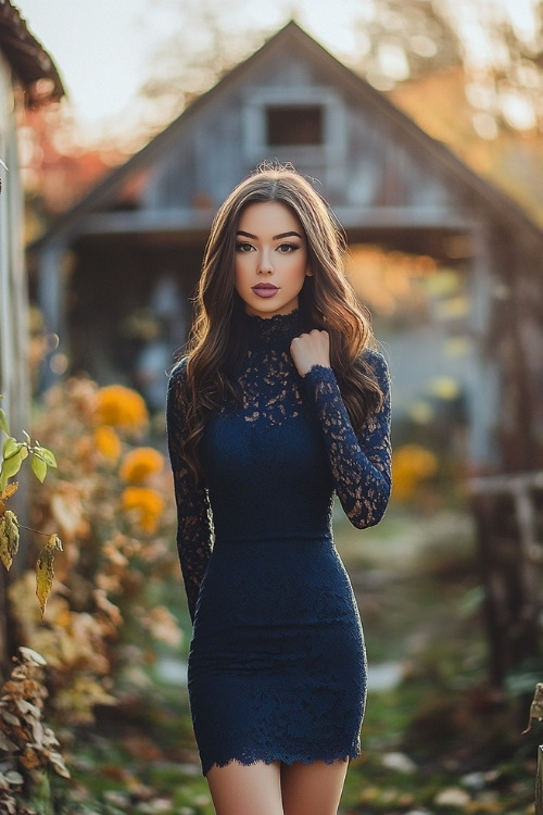 a woman wears a navy lave wedding guest dress with long sleeves