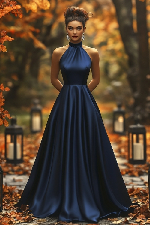 a woman wears a navy satin wedding guest dress with a high neckline