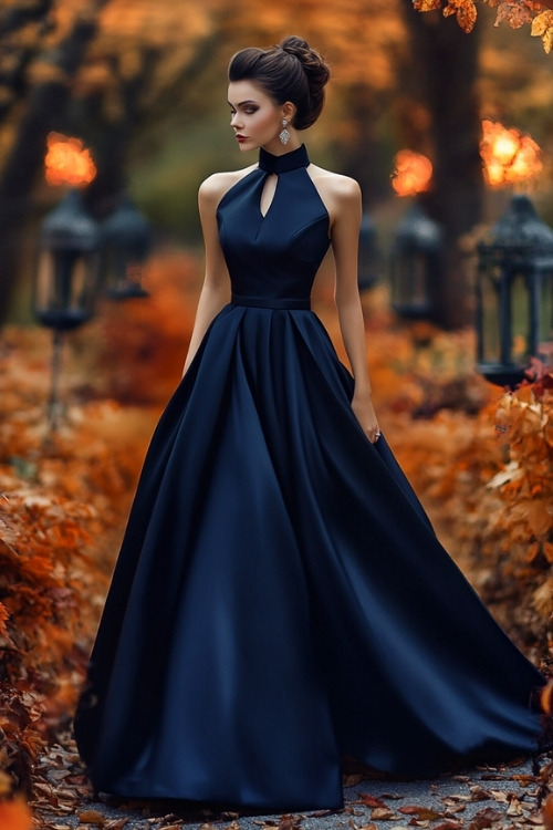 a woman wears a navy satin wedding guest dress with a keyhole neckline