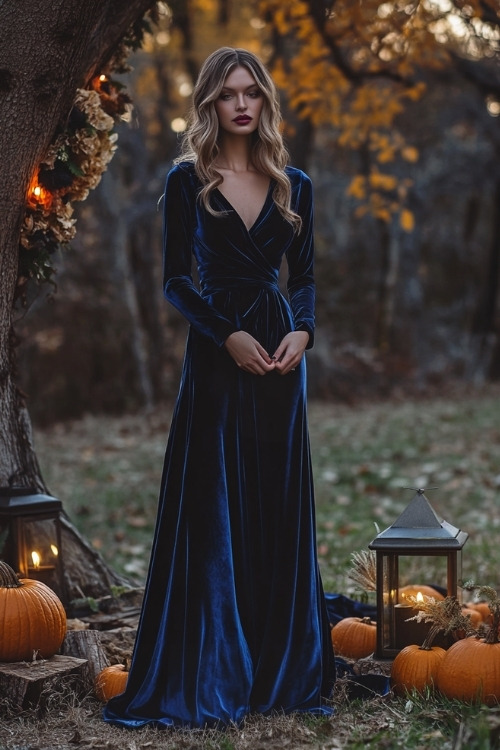 a woman wears a navy velvet wedding guest dress with long sleeves