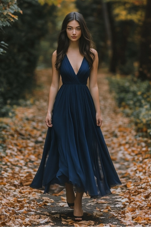 a woman wears a navy wedding guest dress with matching heels