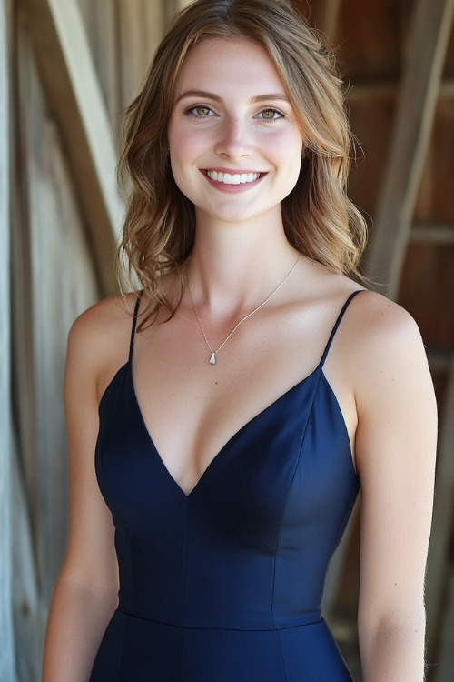 a woman wears a navy wedding guest dress with thin straps