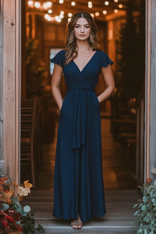 a woman wears a navy wrap-style wedding guest dress with flutter sleeves