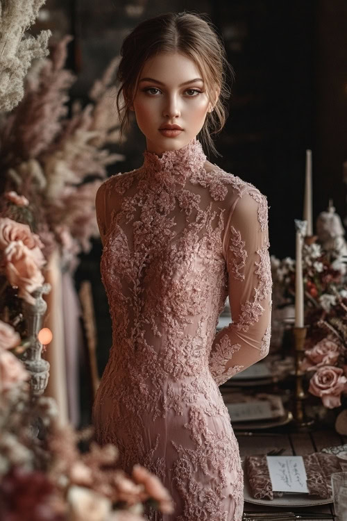 a woman wears a pink lace wedding guest dress with a high neckline (2)