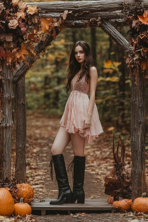 a woman wears a pink mini wedding guest dress and tall black boots