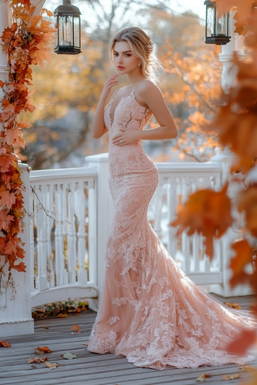 a woman wears a pink wedding guest dress with lace details