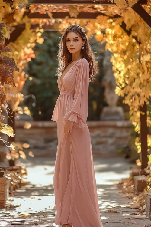 a woman wears a pink wedding guest dress with long sleeves