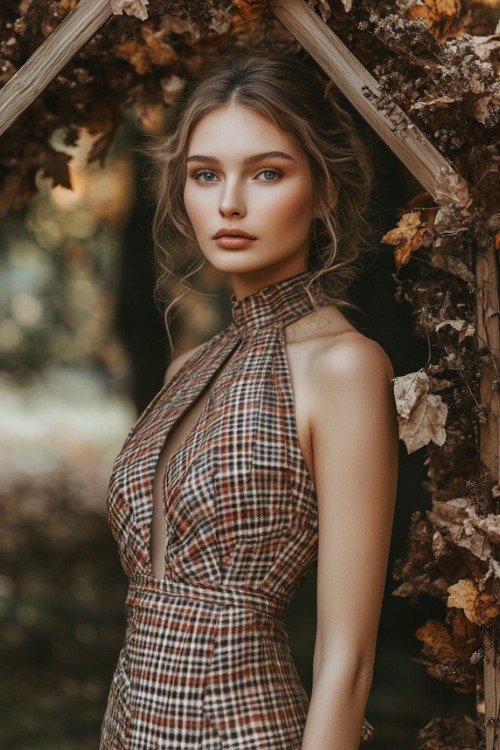 a woman wears a plaid wedding guest dress with a halter neckline