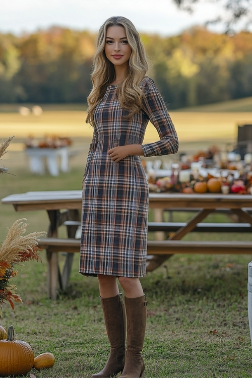 a woman wears a plaid wedding guest dress with dark boots