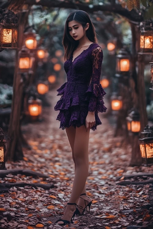 a woman wears a purple lace wedding guest dress with a tiered skirt