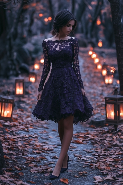 a woman wears a purple lace wedding guest dress with maching heels