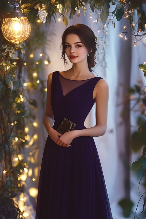 a woman wears a purple sleeveless wedding guest dress