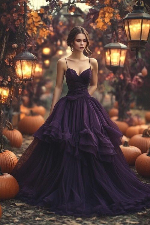 a woman wears a purple tiered wedding guest dress with thin straps