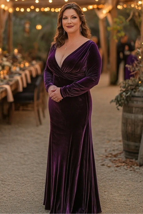 a woman wears a purple velvet wedding guest dress with long sleeves