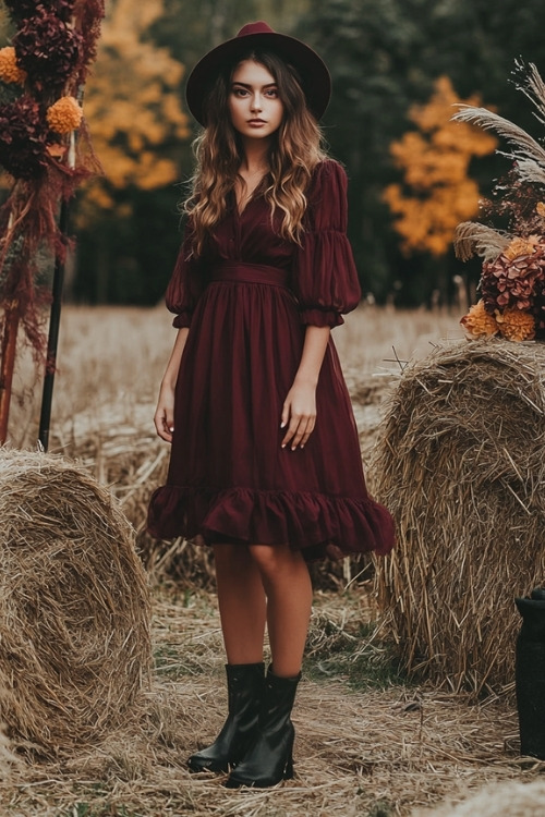 a woman wears a purple wedding guest dress with black boots