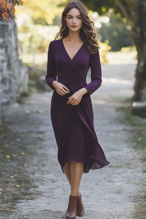 a woman wears a purple wedding guest dress with brown boots