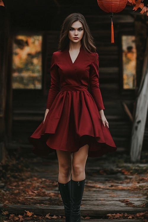 a woman wears a red A line wedding guest dress and black boots